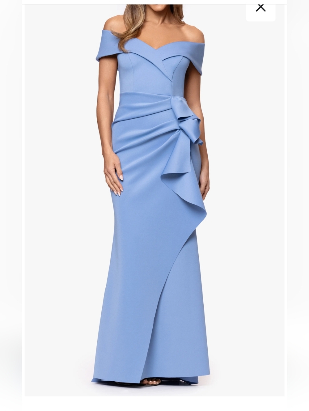 Xscape Slate Blue Women's Long Off the Shoulder Scuba Ruffle Dress Sz4